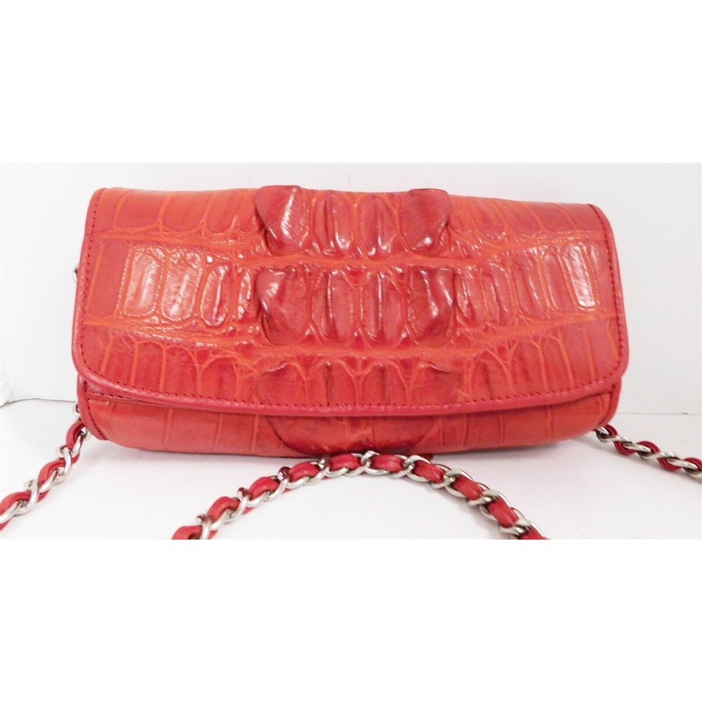 M Genuine Red Genuine‎ Crocodile Clutch Flap Shoulder Bag